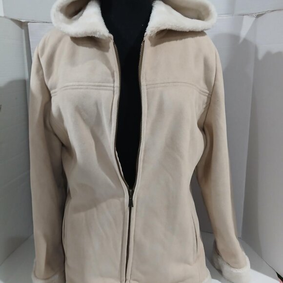 Sonoma Life + Style Women's Suede Fabric Beige HoodFaux Fur Coat/Jacket Size L. - Picture 9 of 14